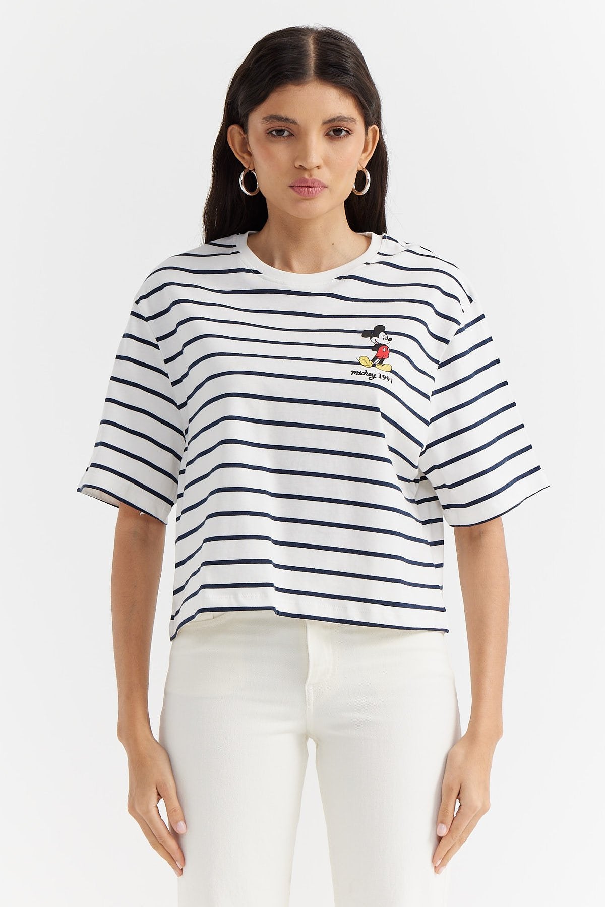 Women's Striped Print Detailed T-shirt