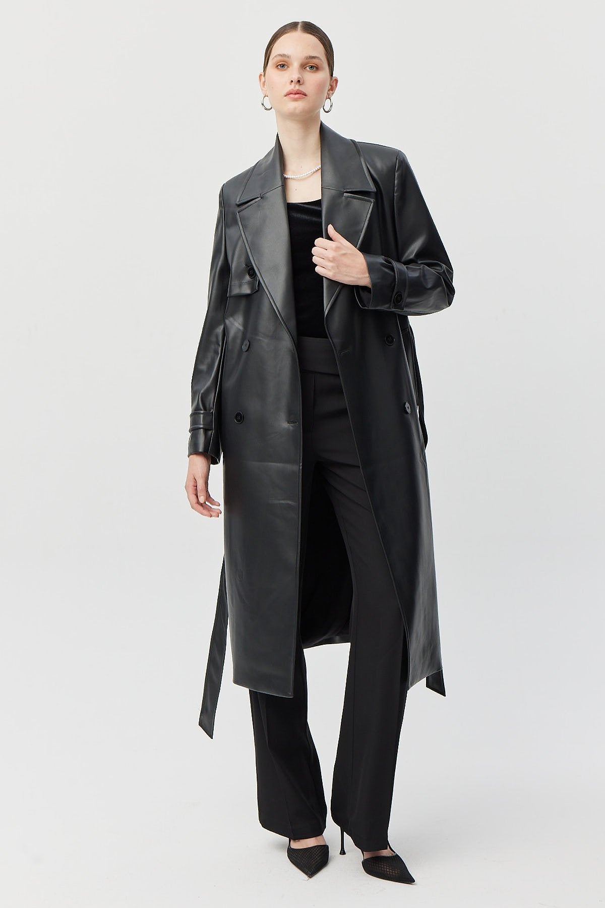 Women's Belted Leather Trench Coat