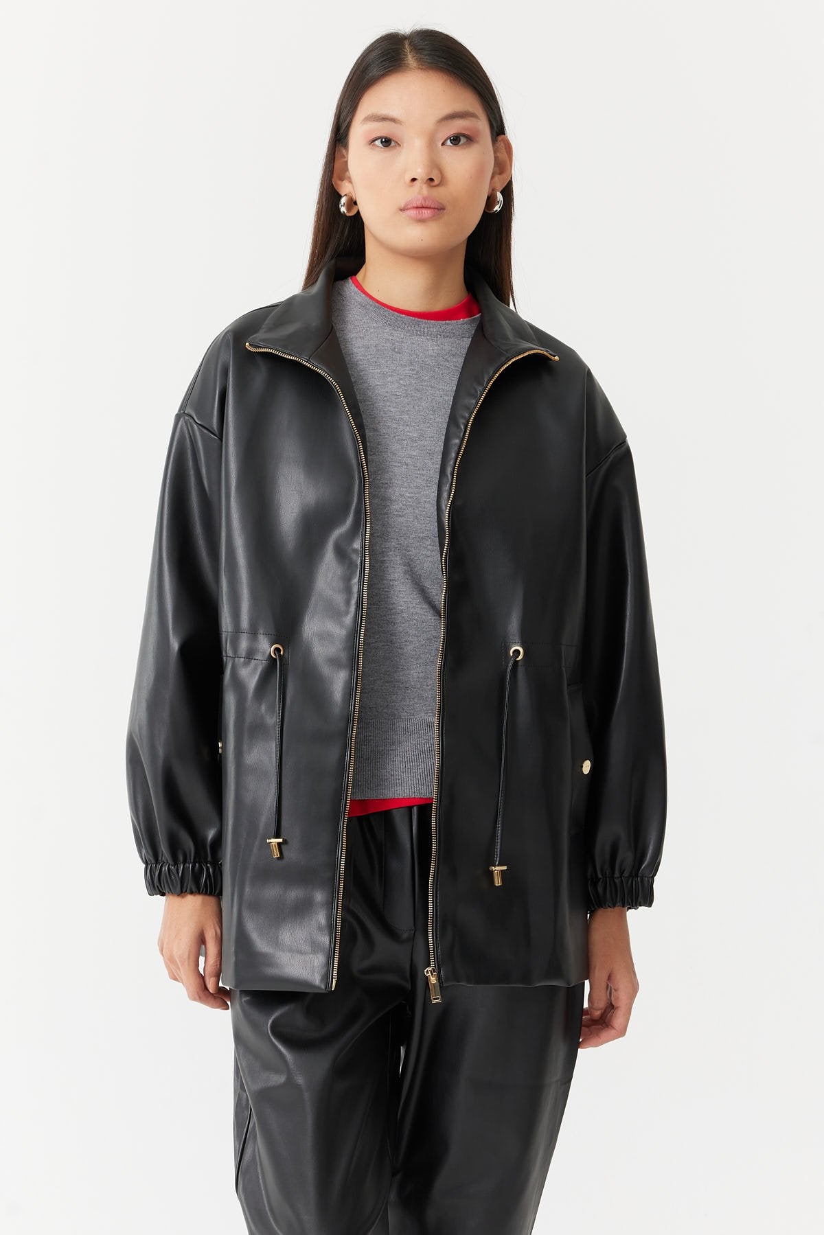 Women's Adjustable Waist Leather Coat