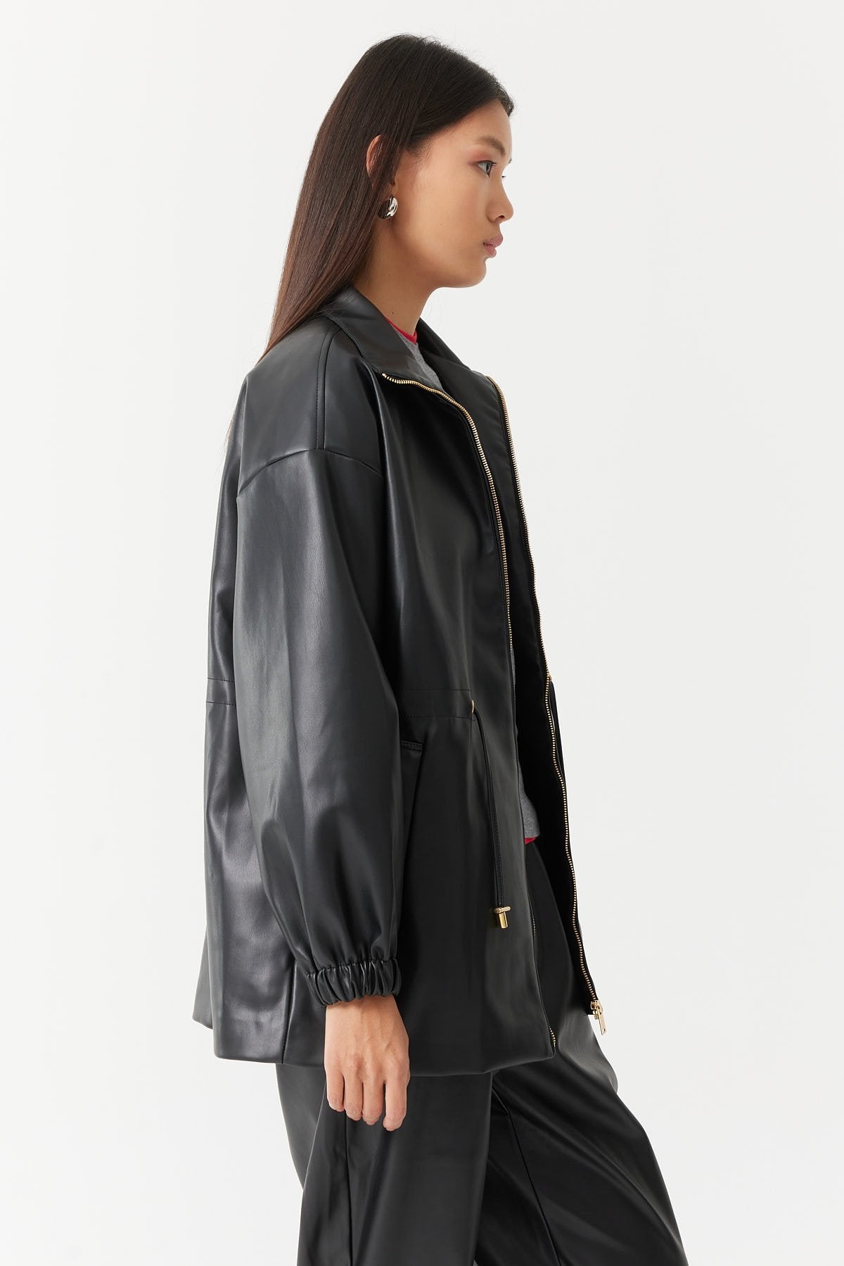 Women's Adjustable Waist Leather Coat