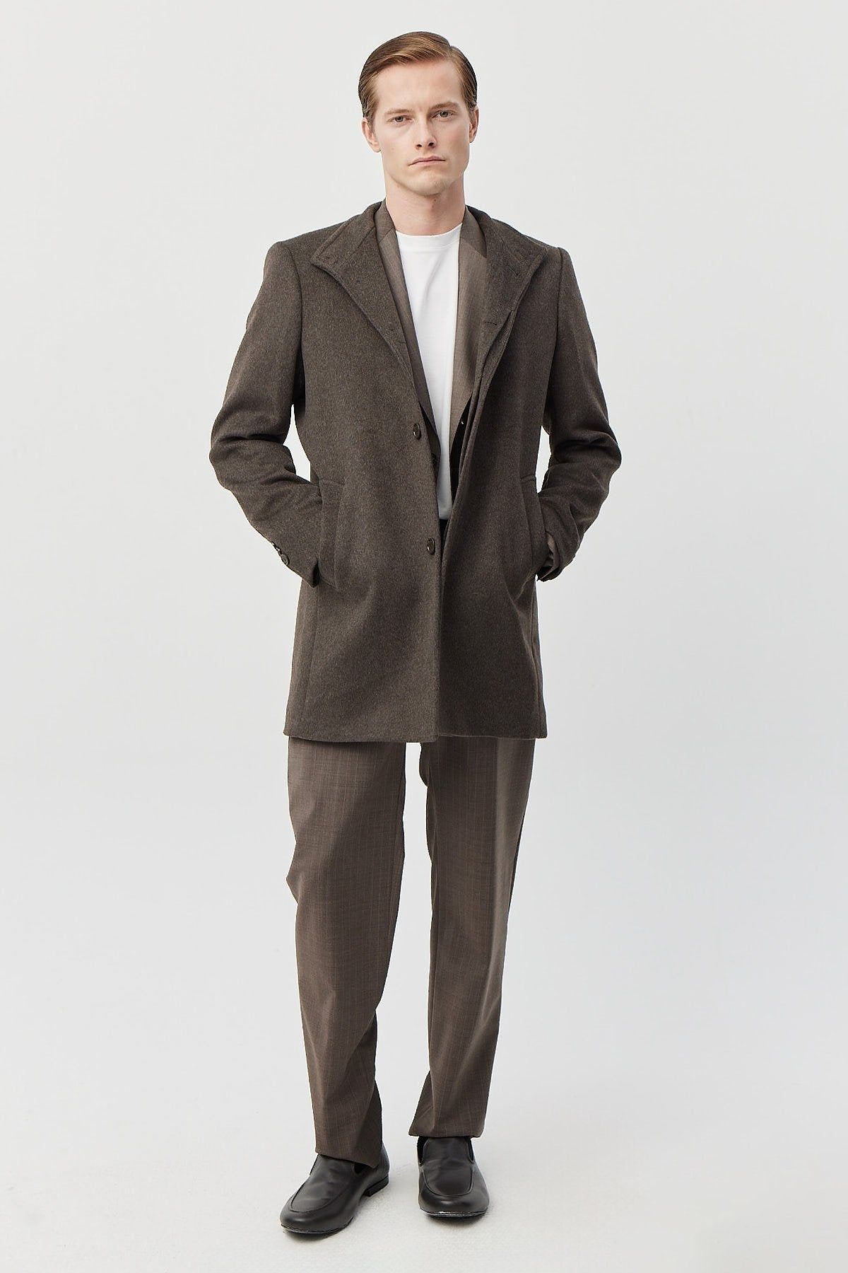 Men's Long Coat with Grandad Collar and Pockets