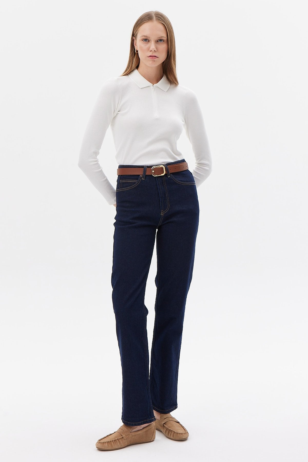 Women's Zippered Polo Neck Blouse