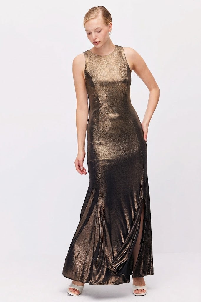 Women's Metallic Look Sleeveless Long Evening Dress