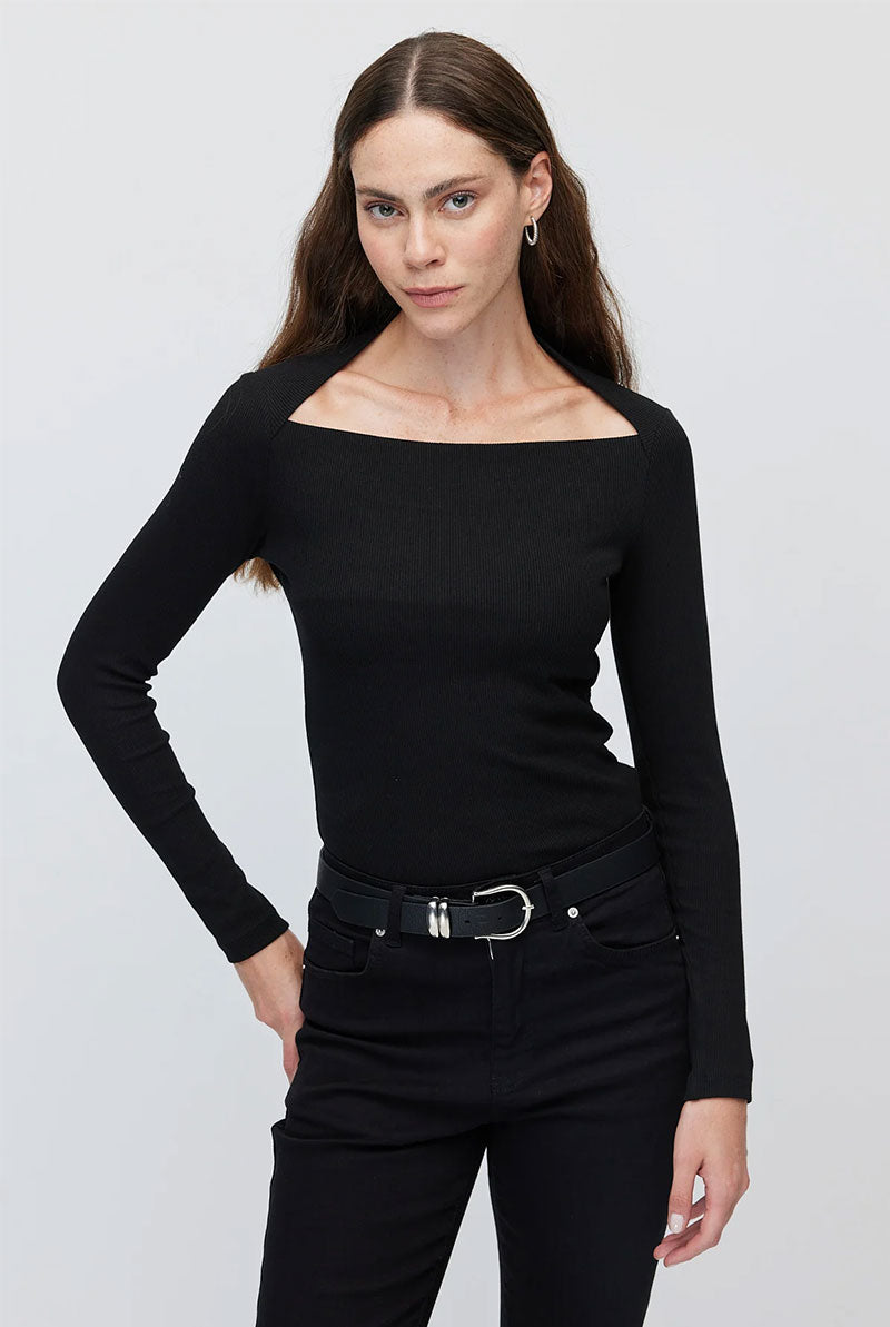 Women's Square Neck Ribbed Long Sleeve Blouse
