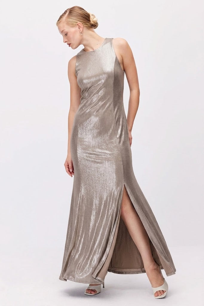 Women's Metallic Look Sleeveless Long Evening Dress