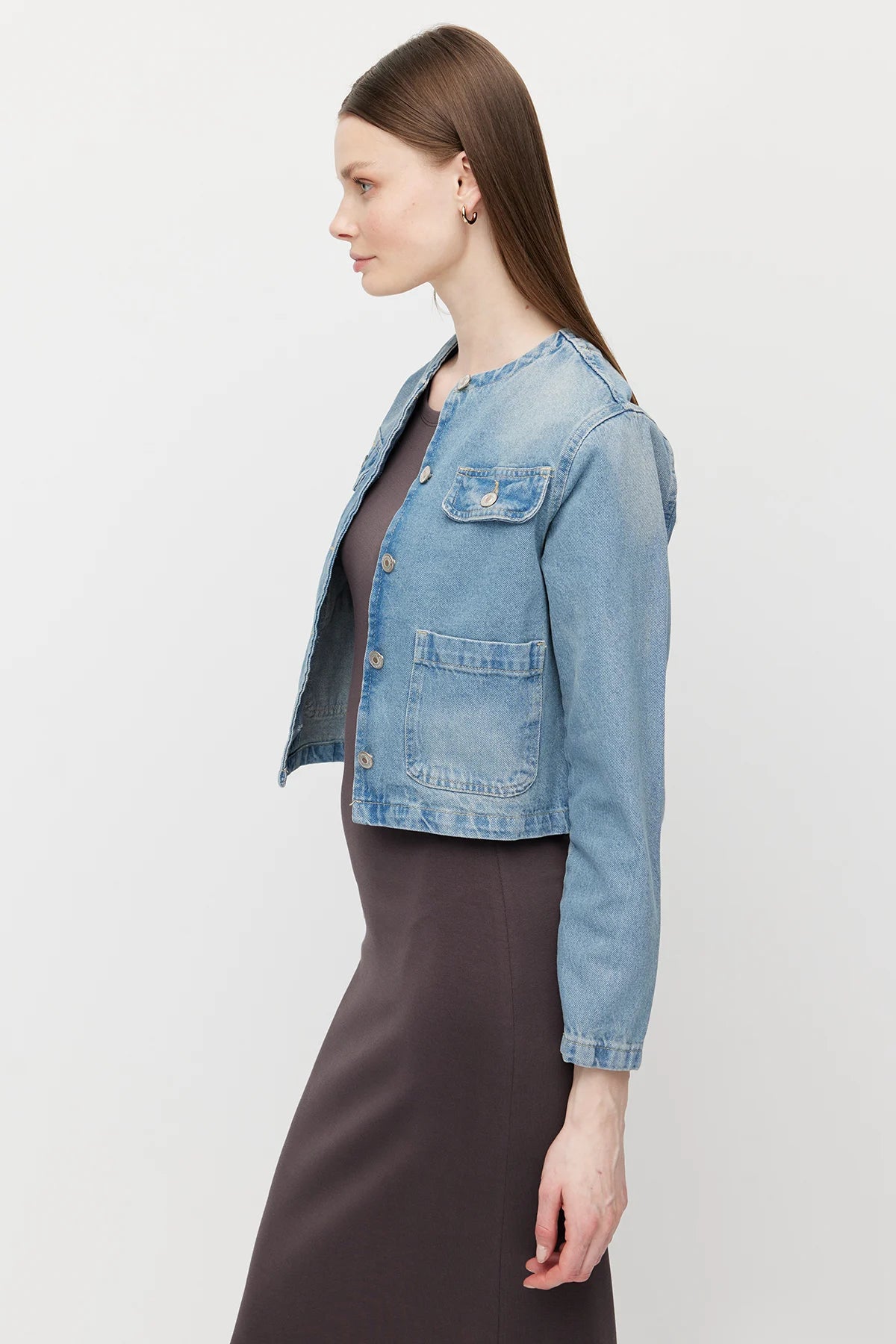 Women's Collarless Denim Jacket with Pocket Detail