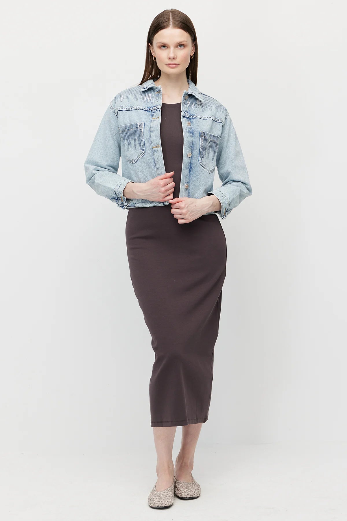 Women's Sequin Embellished Short Denim Jacket