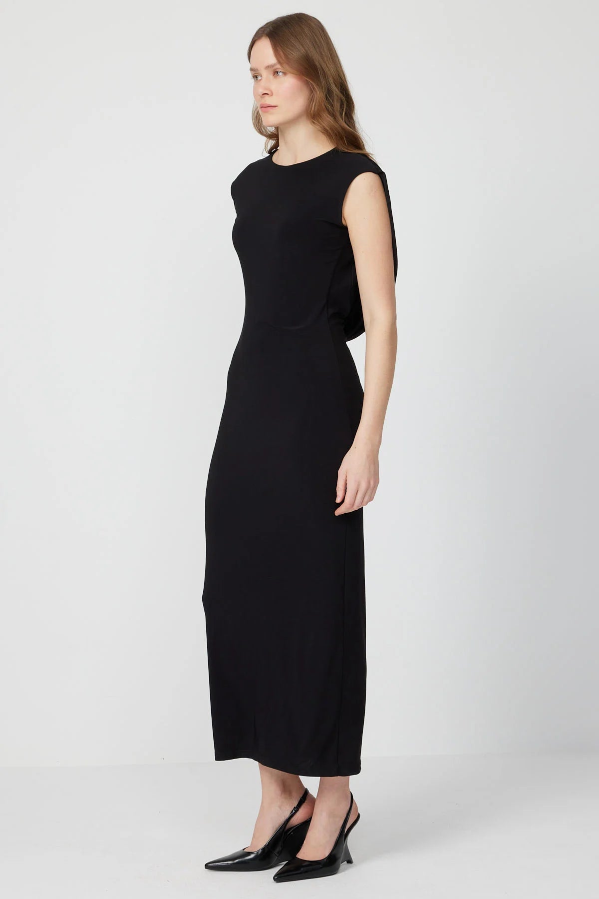Women's Black Midi Dress with Draped Back Detail