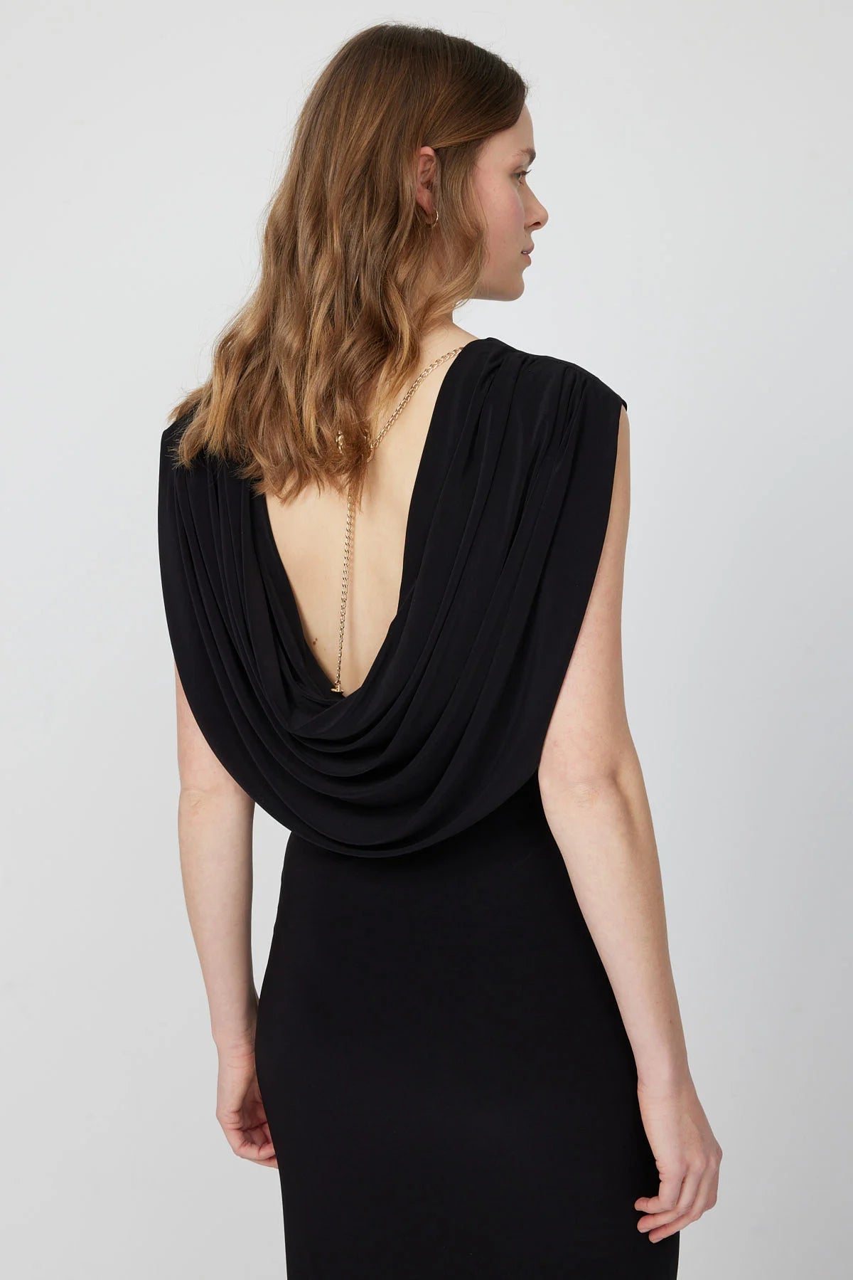 Women's Black Midi Dress with Draped Back Detail