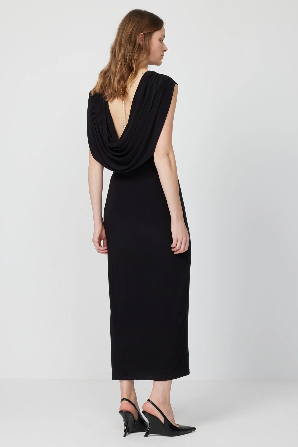 Women's Black Midi Dress with Draped Back Detail