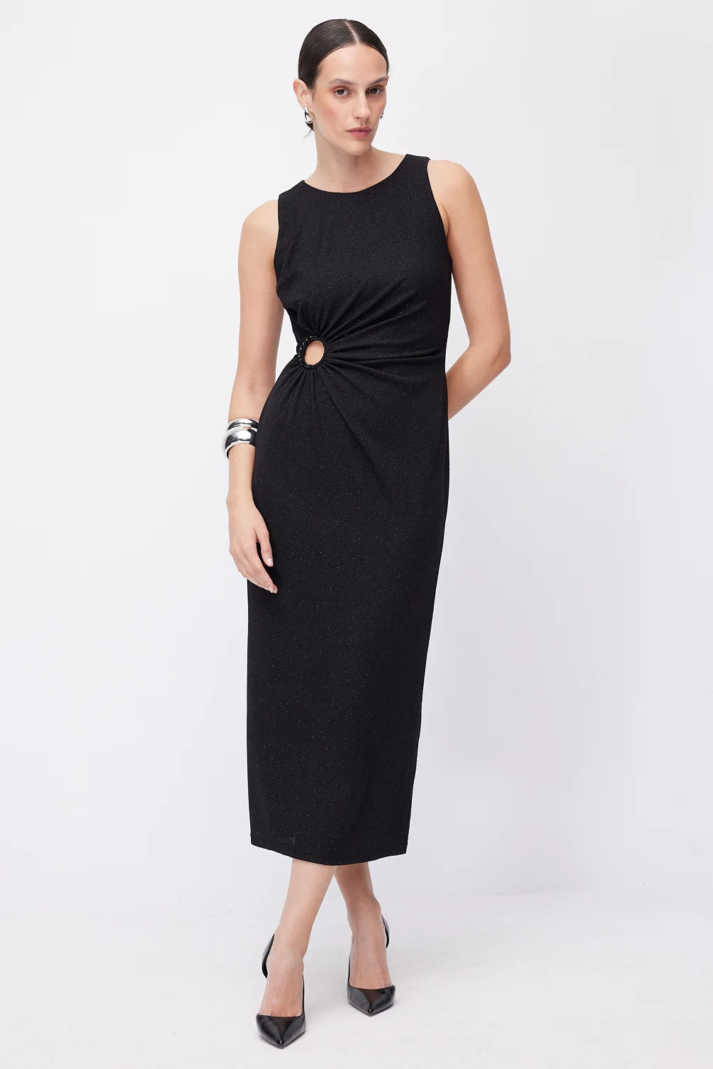 Women's Midi Dress with Metallic Ring Accessory Detail at the Waist