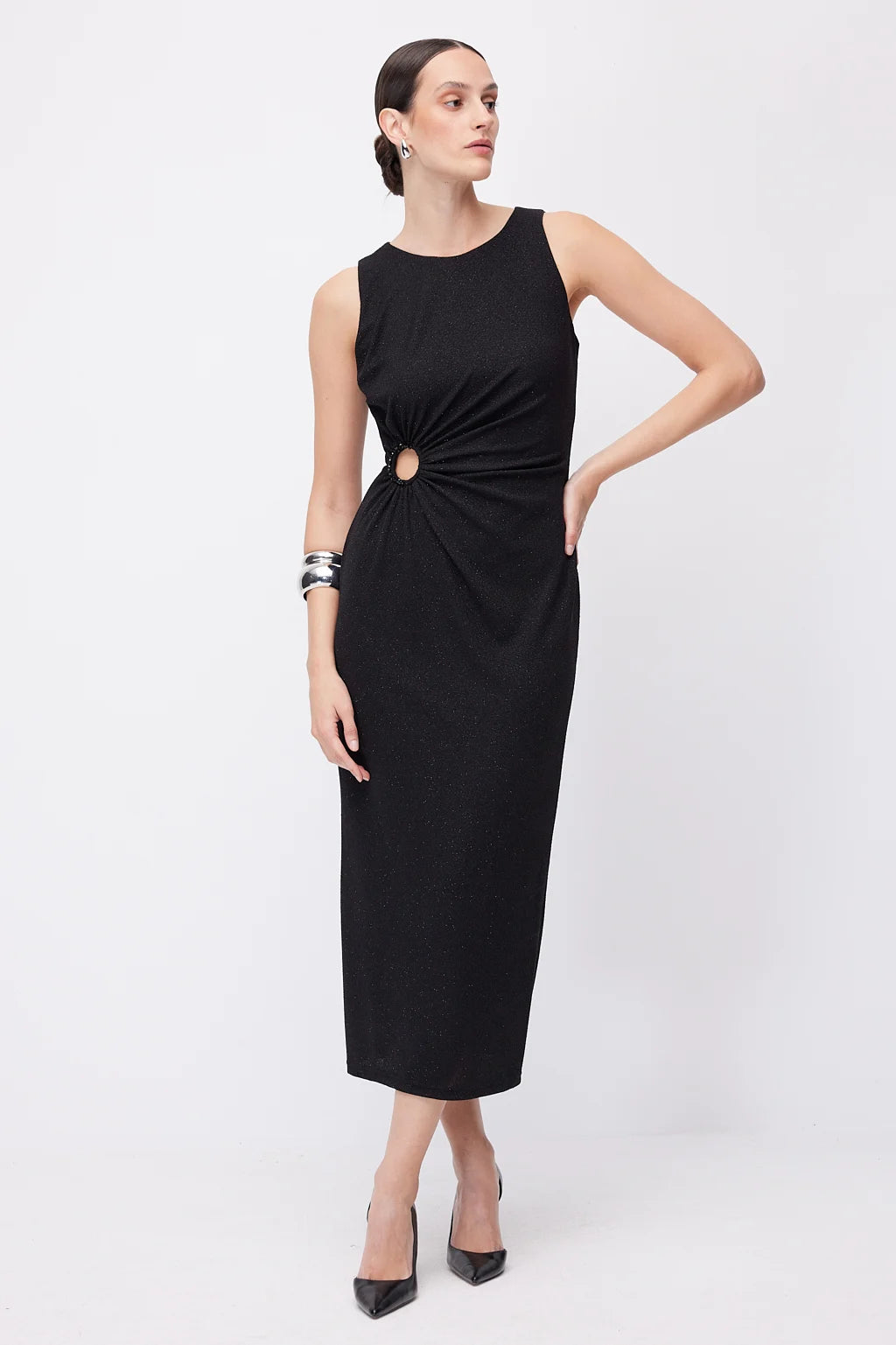 Women's Midi Dress with Metallic Ring Accessory Detail at the Waist
