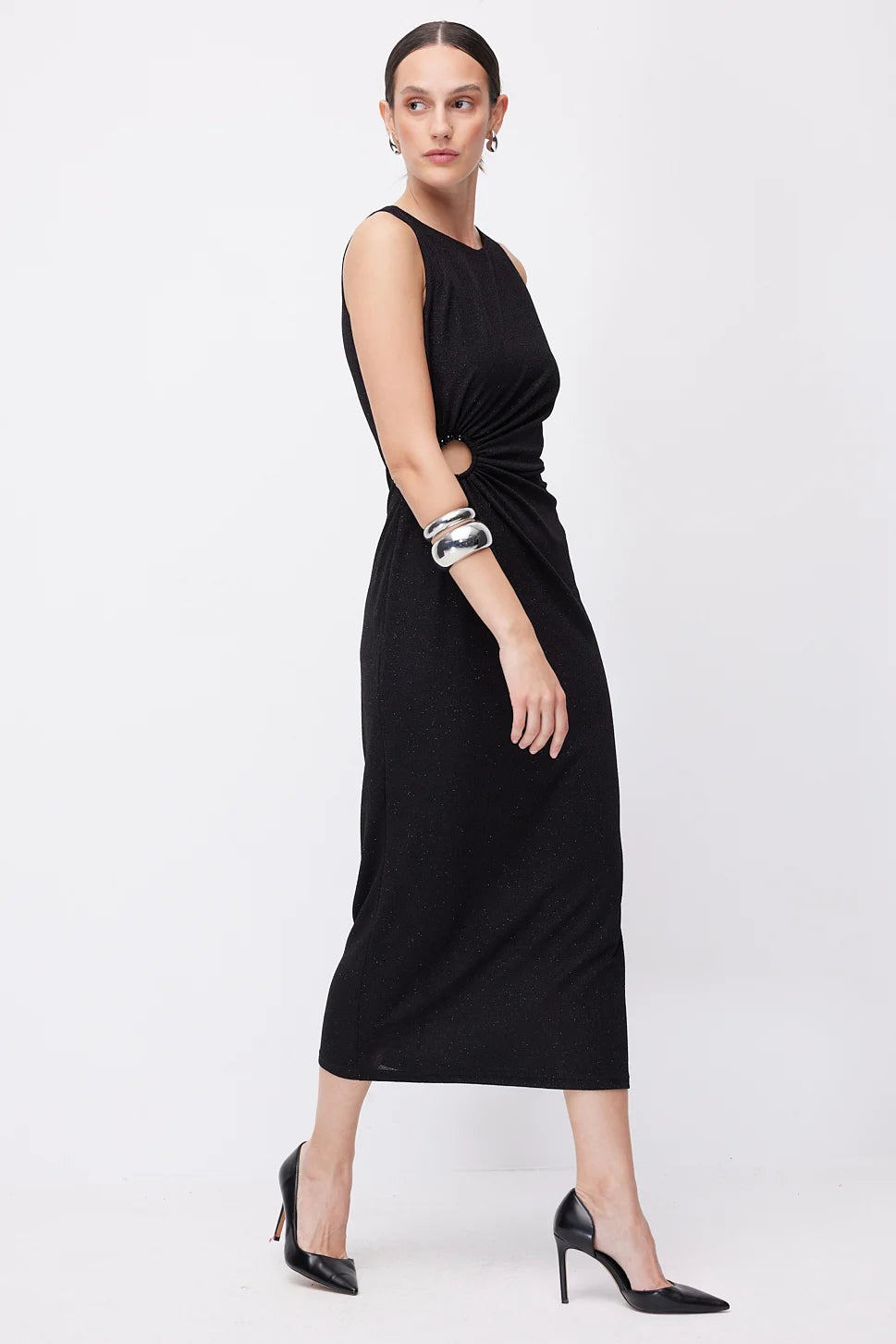 Women's Midi Dress with Metallic Ring Accessory Detail at the Waist