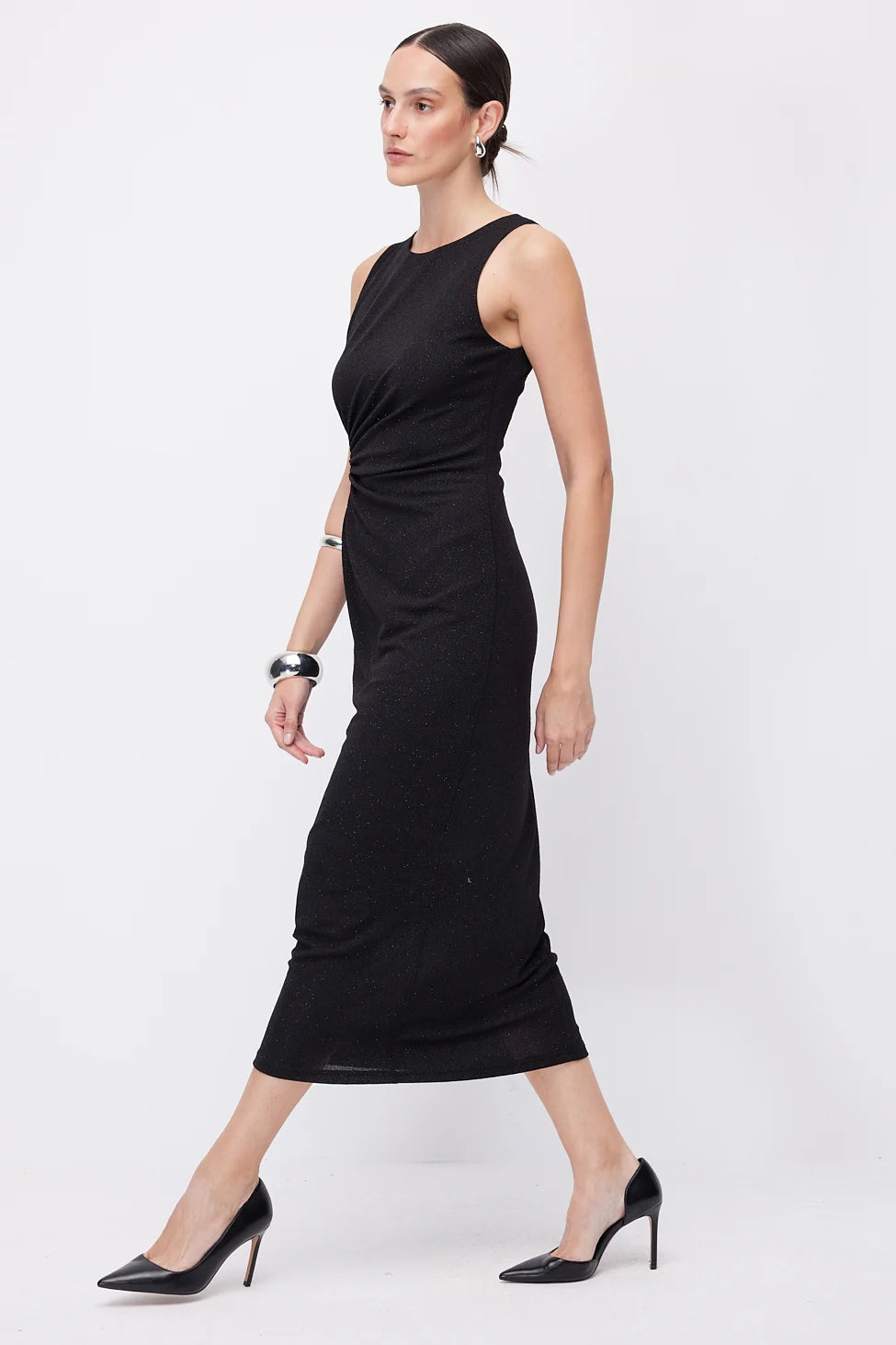 Women's Midi Dress with Metallic Ring Accessory Detail at the Waist