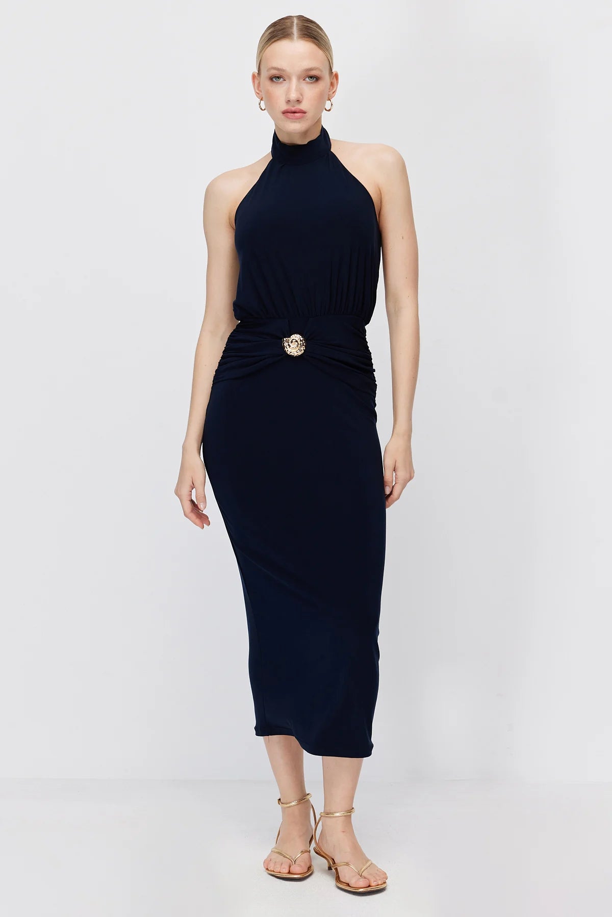 Women's Halter Neck Buckle Midi Dress