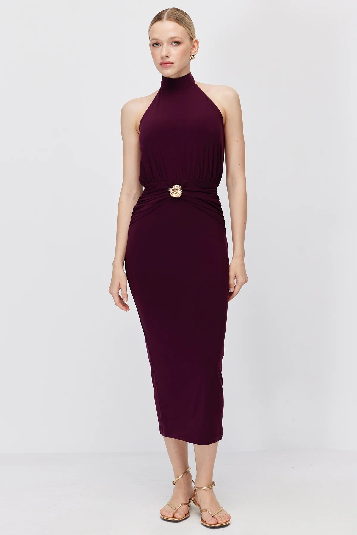 Women's Halter Neck Buckle Midi Dress