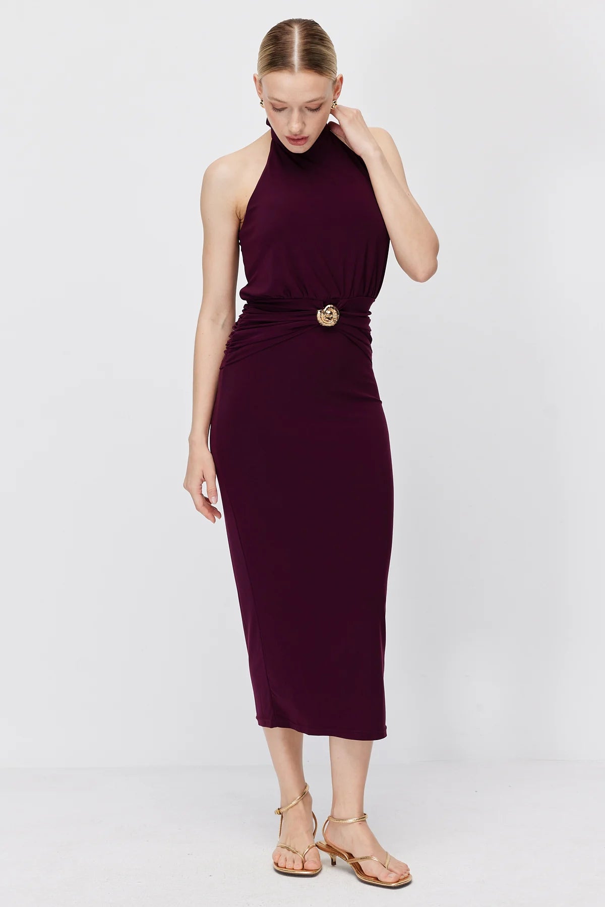 Women's Halter Neck Buckle Midi Dress
