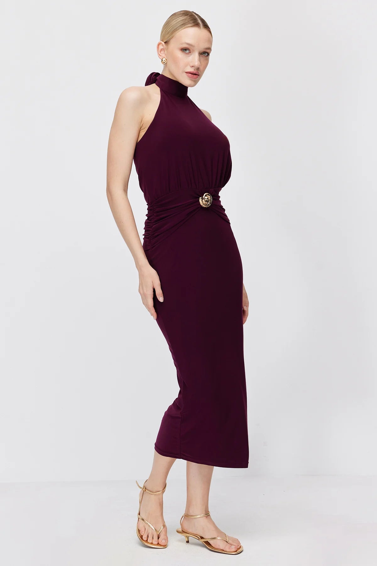 Women's Halter Neck Buckle Midi Dress