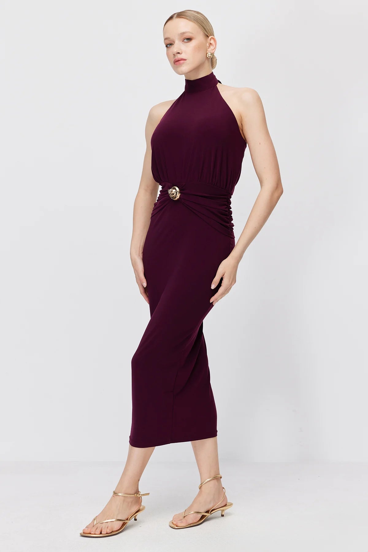Women's Halter Neck Buckle Midi Dress