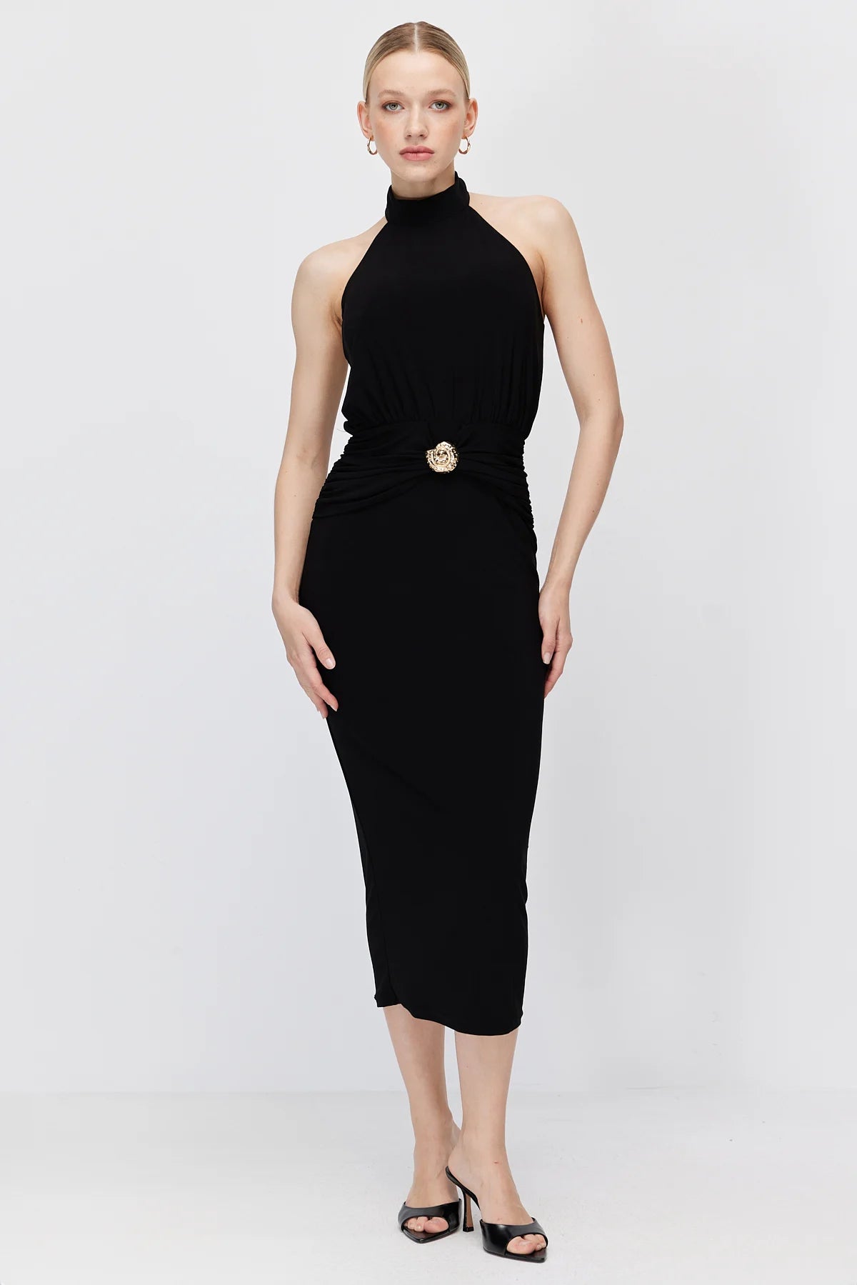 Women's Halter Neck Buckle Midi Dress