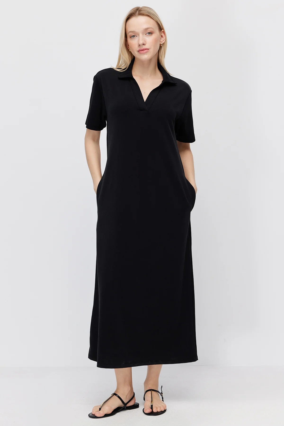 Women's Polo Collar Maxi Dress with Pockets