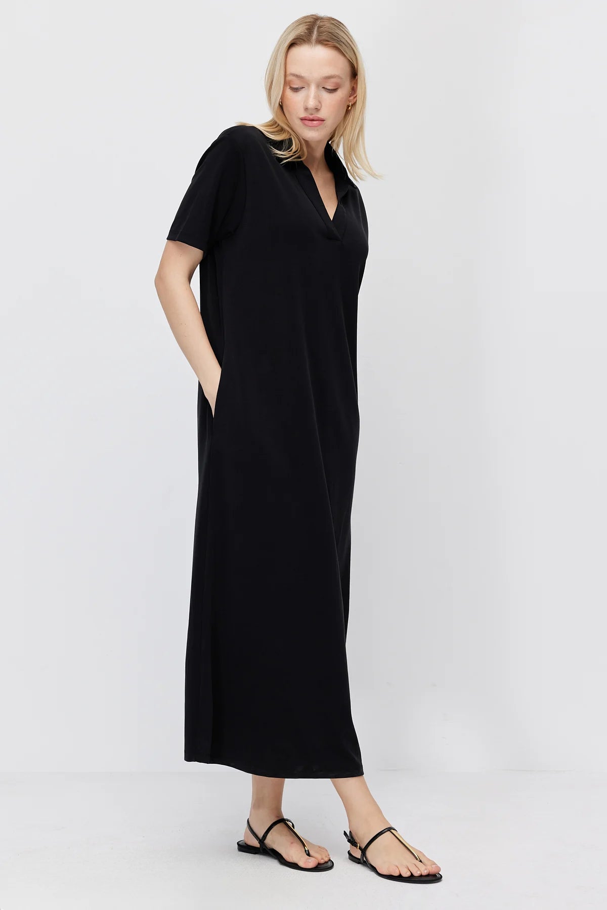 Women's Polo Collar Maxi Dress with Pockets