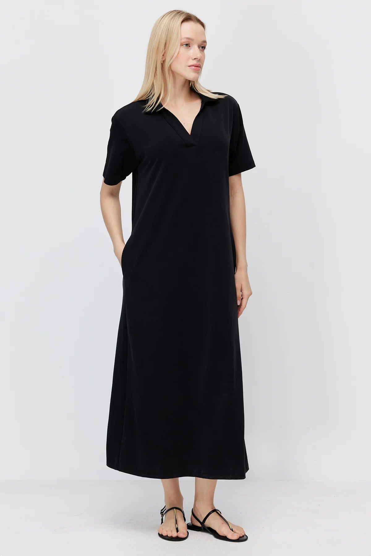 Women's Polo Collar Maxi Dress with Pockets