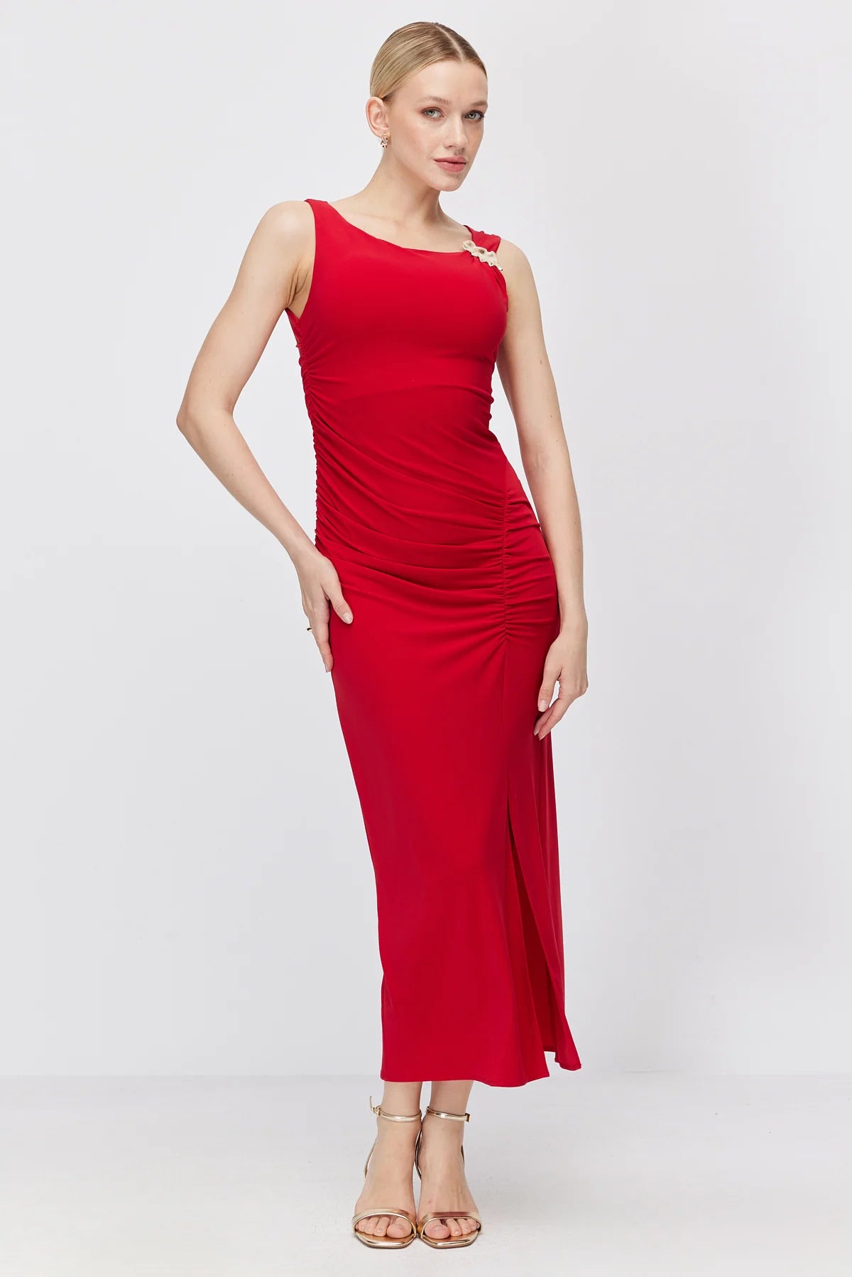 Women's Off-Shoulder Draped Dress with Gold Buckle