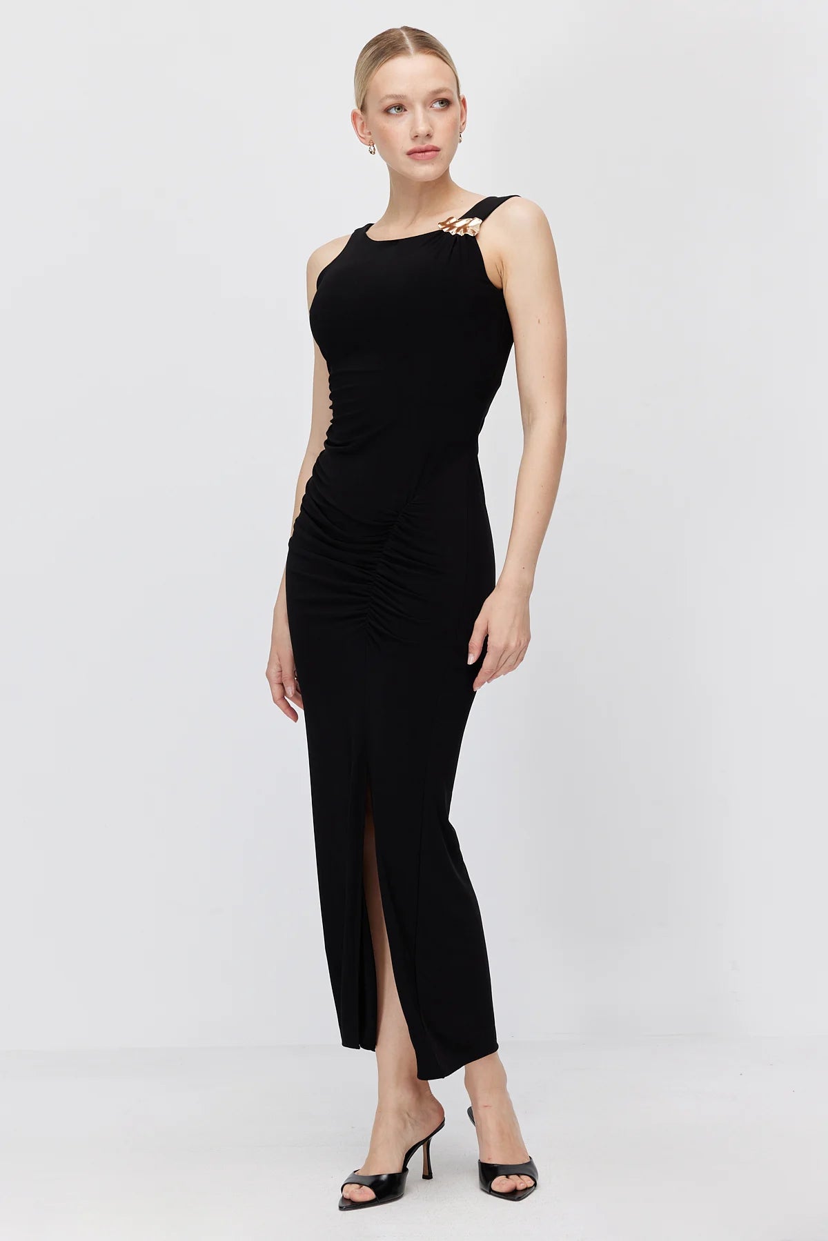 Women's Off-Shoulder Draped Dress with Gold Buckle