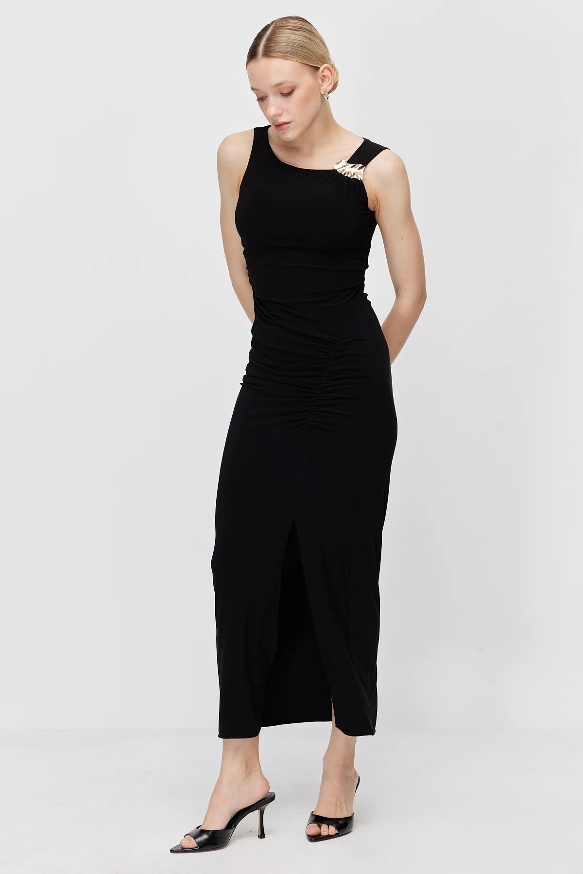 Women's Off-Shoulder Draped Dress with Gold Buckle