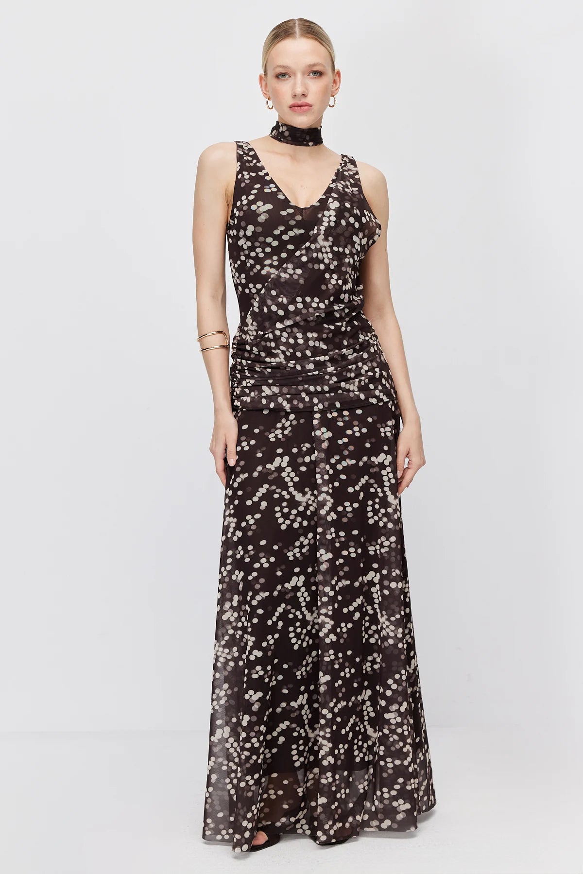 Women's Polka Dot Maxi Dress with Scarf Detail