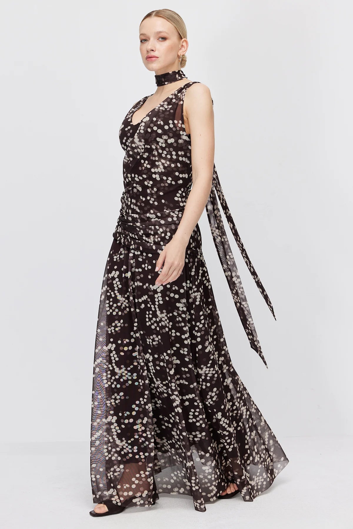 Women's Polka Dot Maxi Dress with Scarf Detail