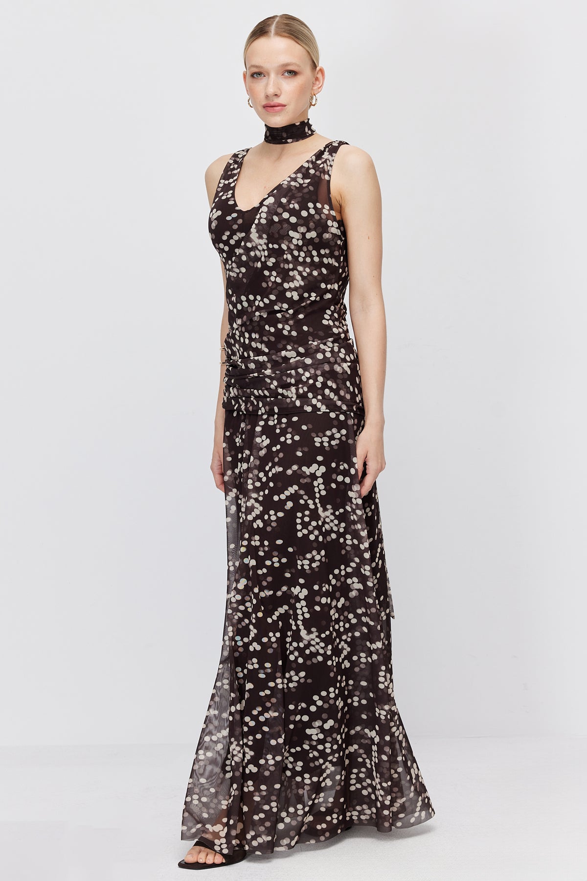 Women's Polka Dot Maxi Dress with Scarf Detail