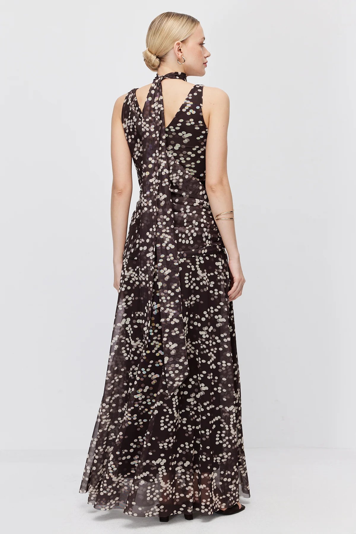 Women's Polka Dot Maxi Dress with Scarf Detail
