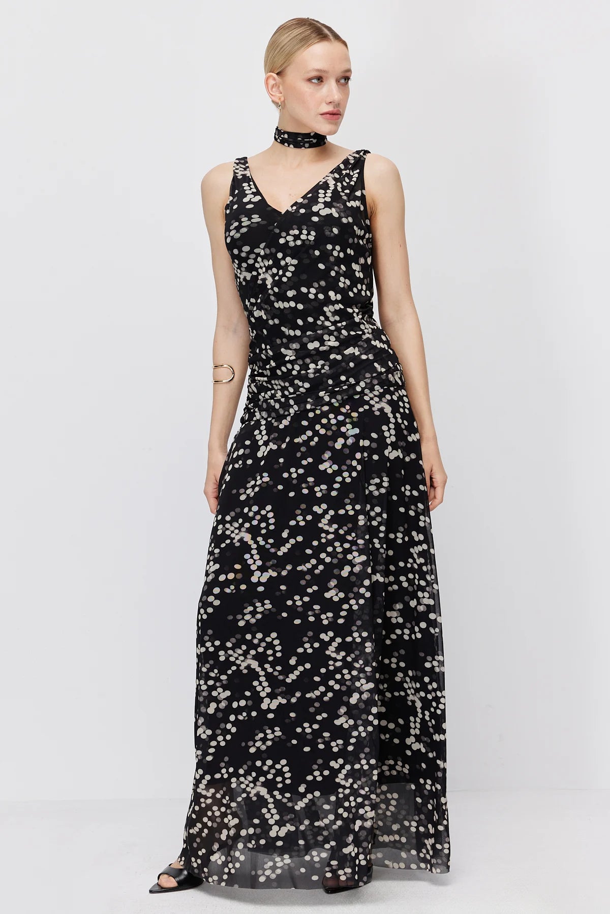 Women's Polka Dot Maxi Dress with Scarf Detail