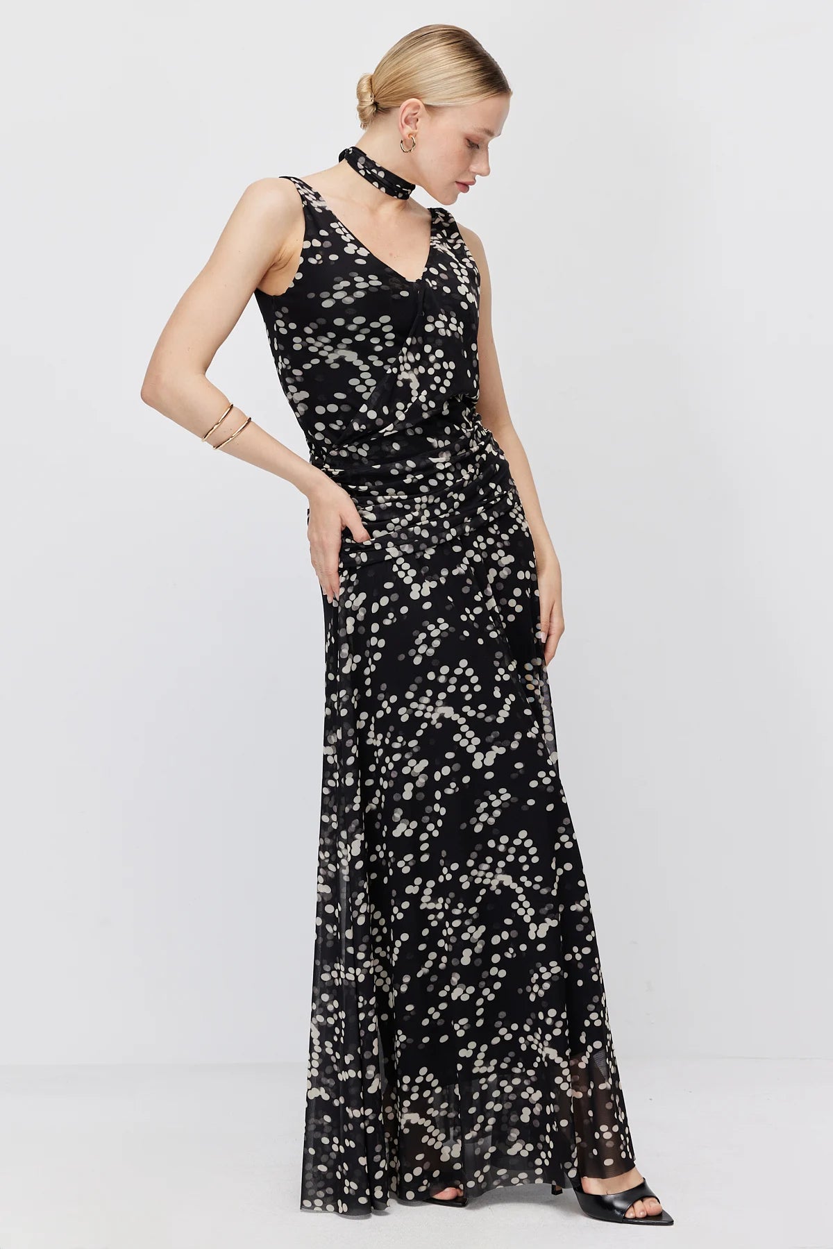 Women's Polka Dot Maxi Dress with Scarf Detail
