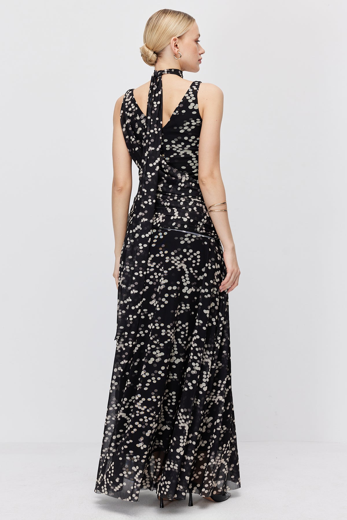 Women's Polka Dot Maxi Dress with Scarf Detail