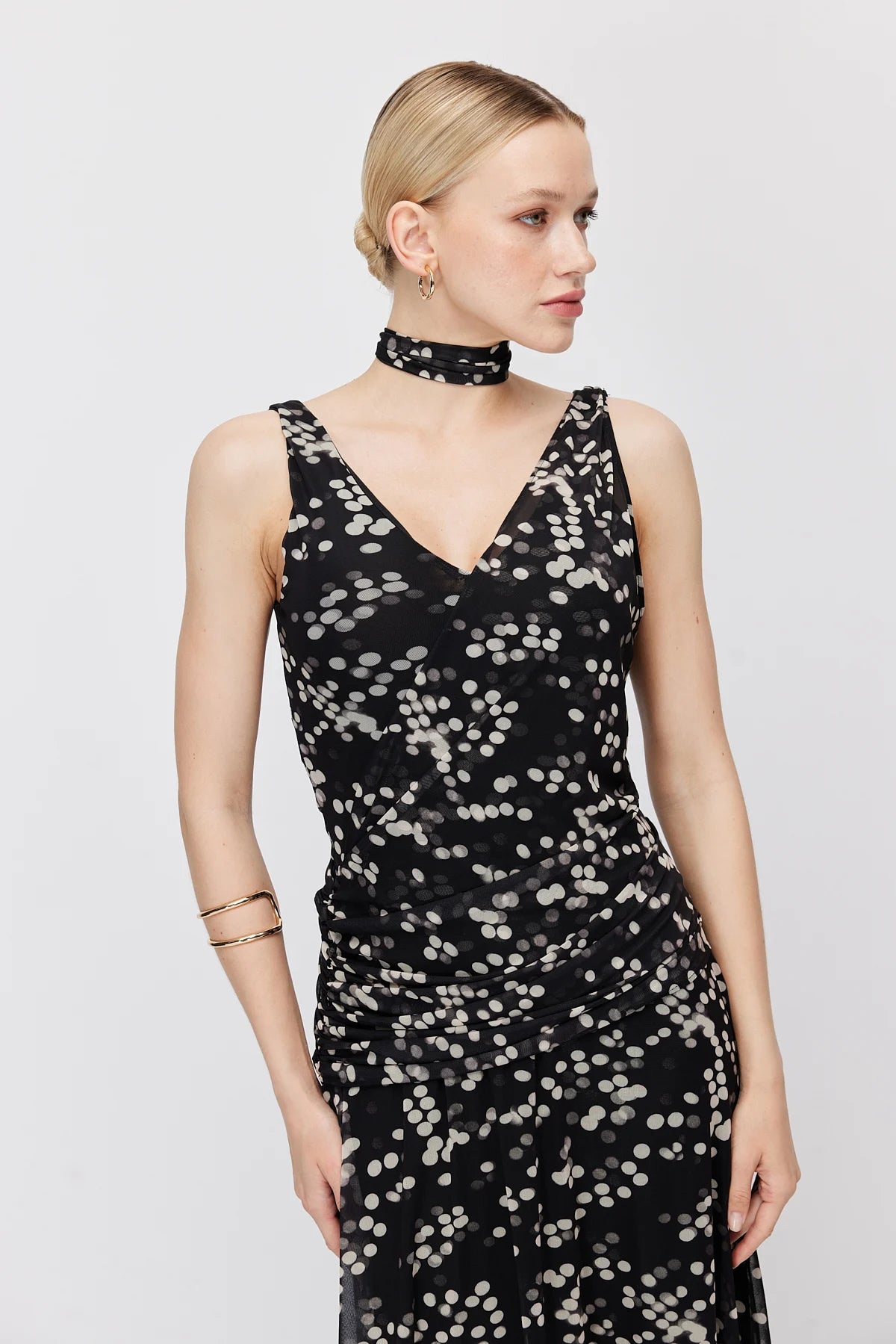 Women's Polka Dot Maxi Dress with Scarf Detail