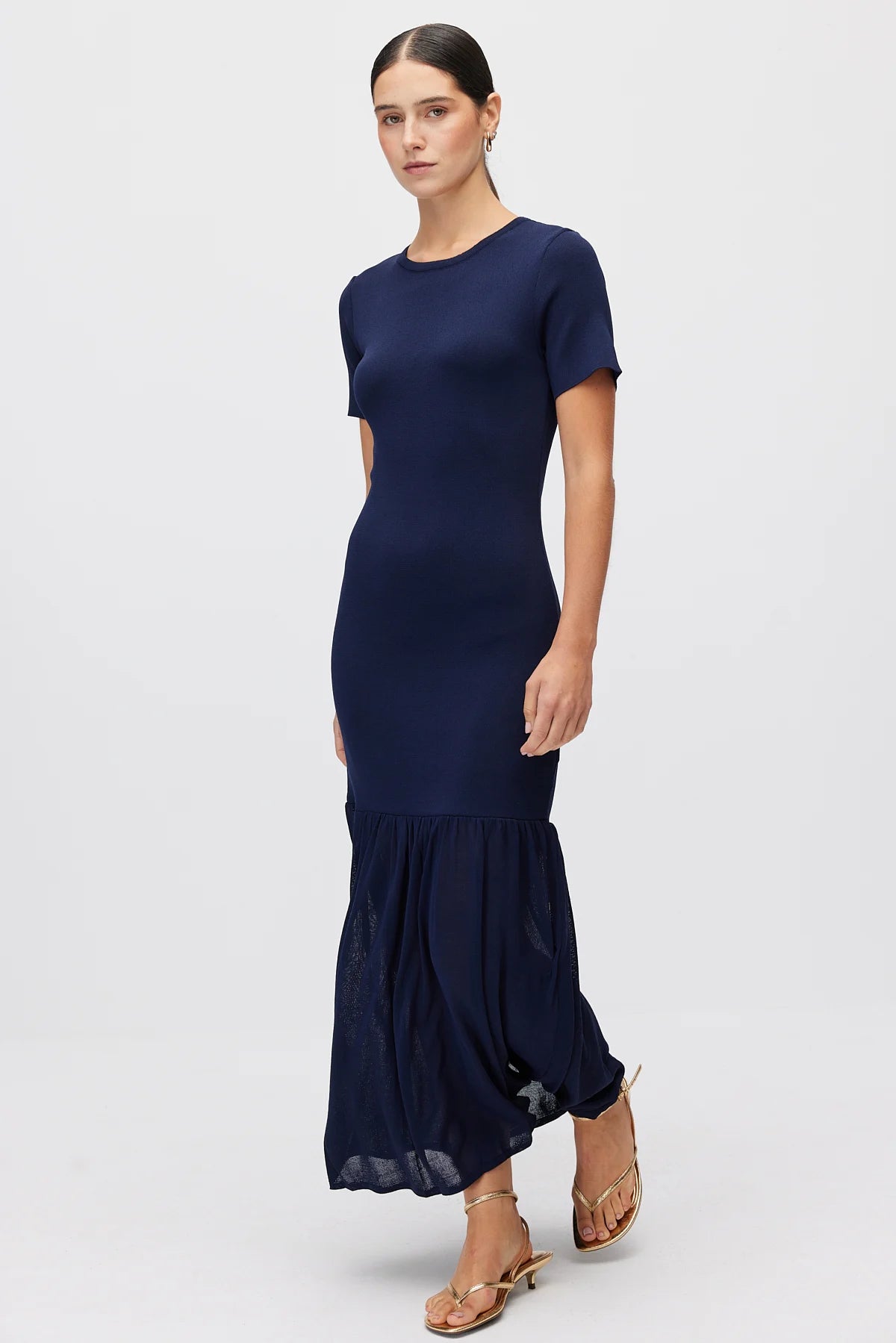 Women's Crew Neck Knit Dress with Ruffled Hem