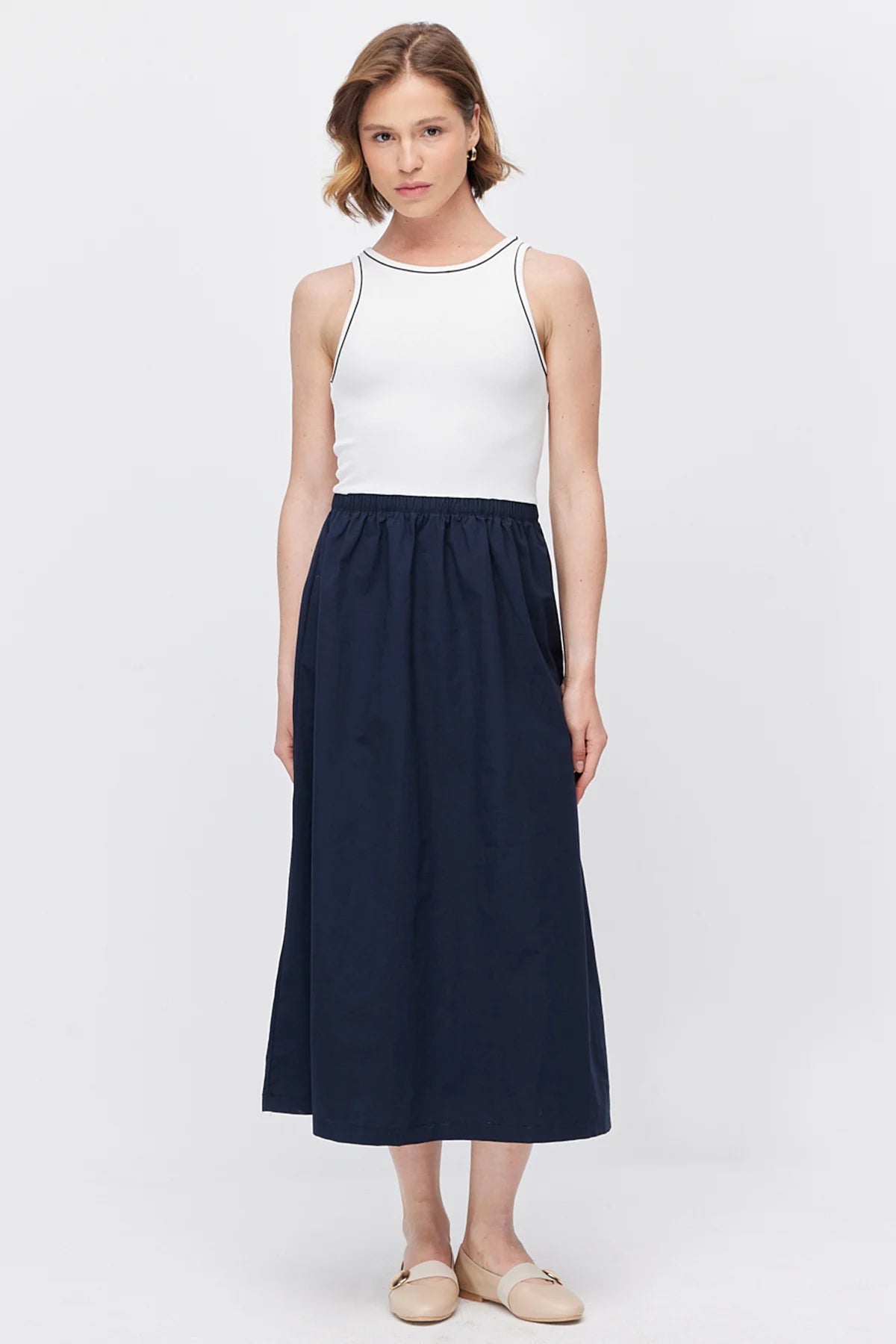 Women's Midi Dress with Contrast Stripe Ribbed Top