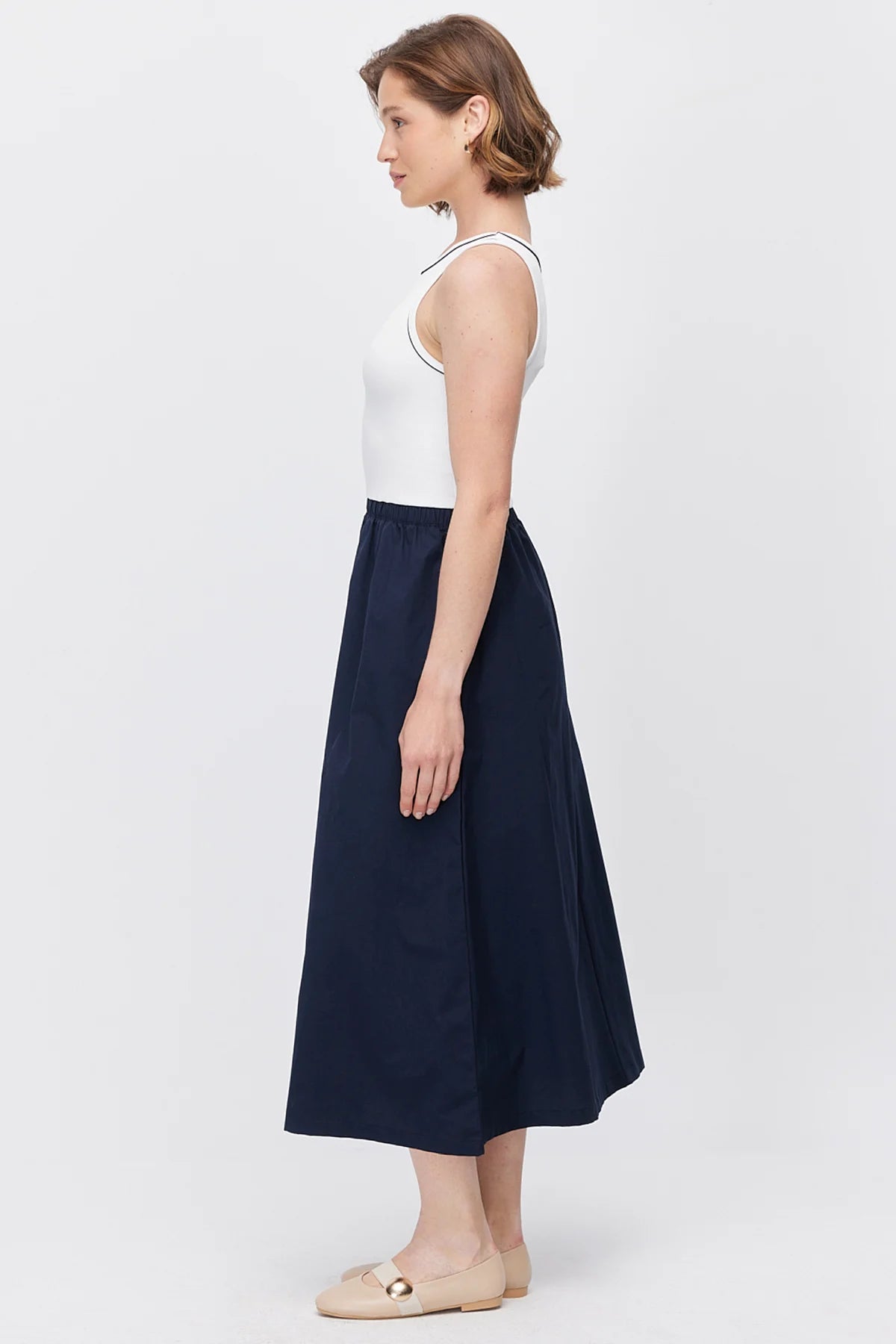 Women's Midi Dress with Contrast Stripe Ribbed Top