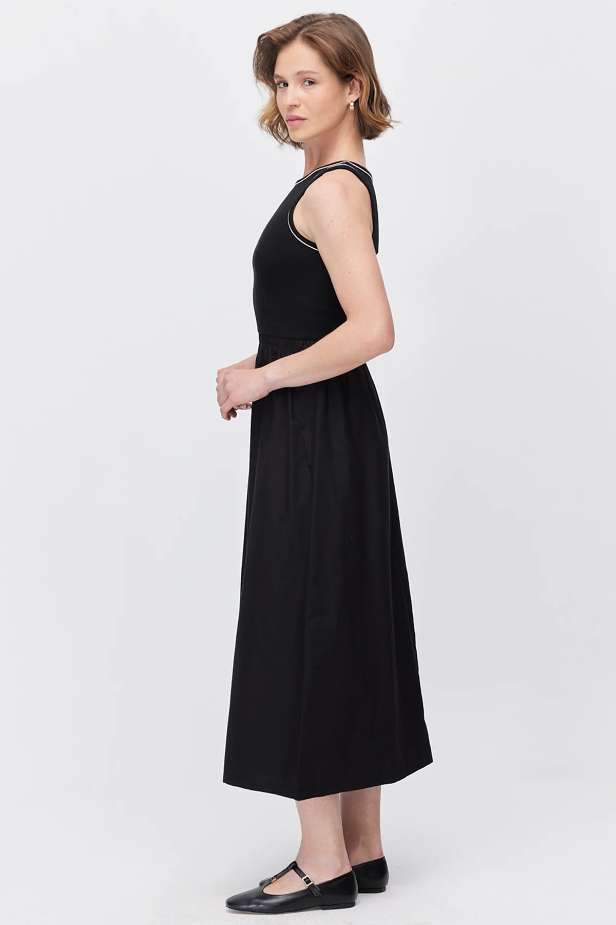 Women's Midi Dress with Contrast Stripe Ribbed Top