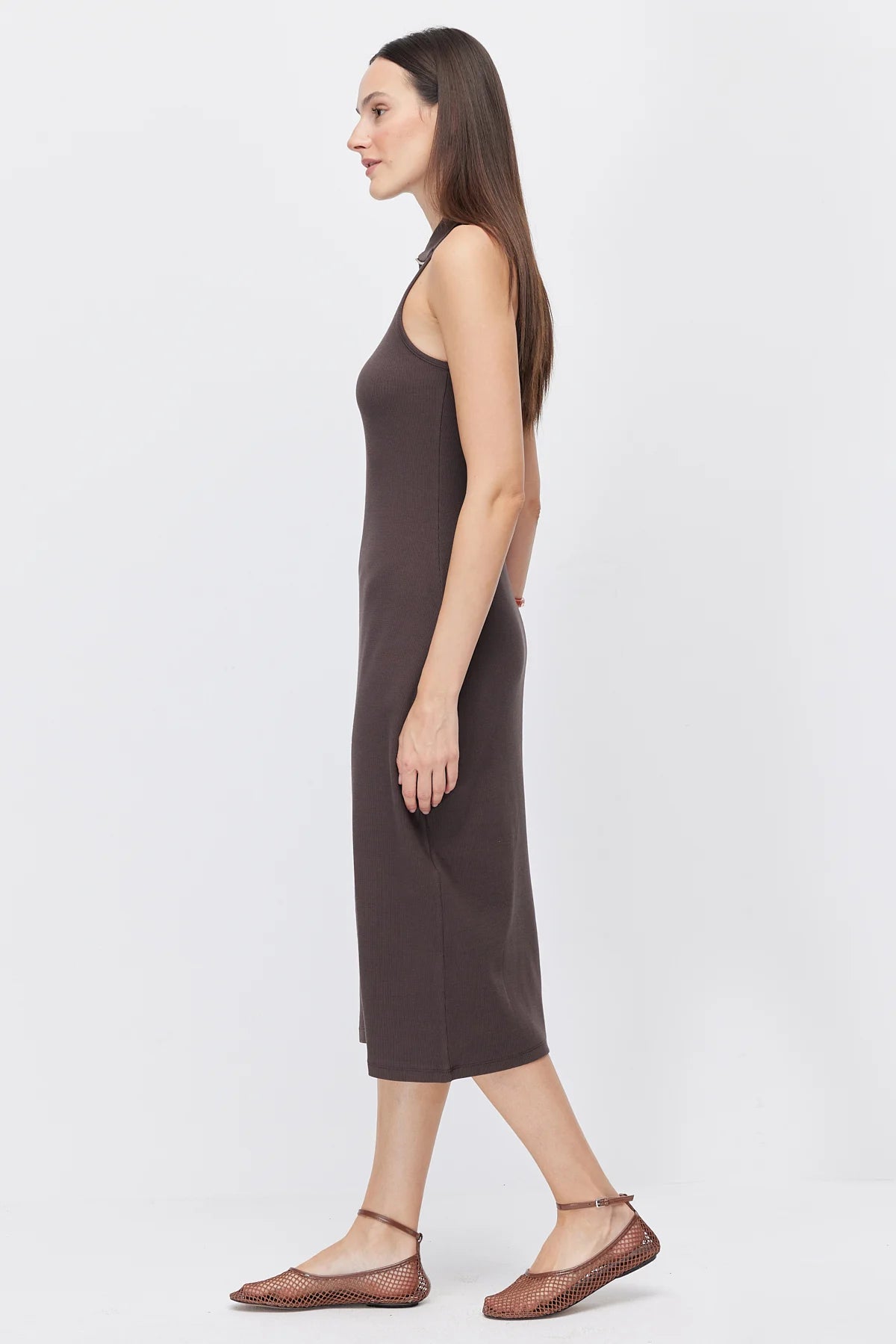 Women's Polo Collar Sleeveless Brown Midi Dress
