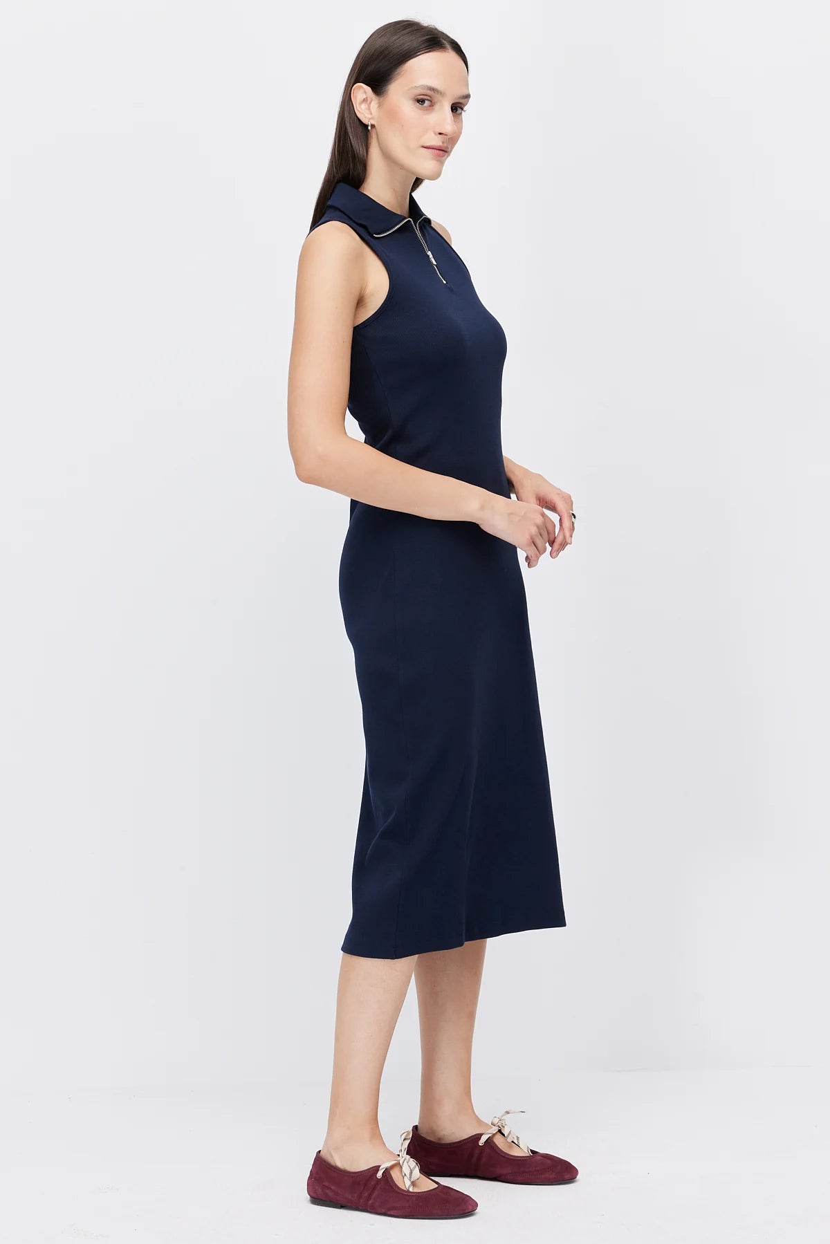 Women's Polo Collar Sleeveless Brown Midi Dress