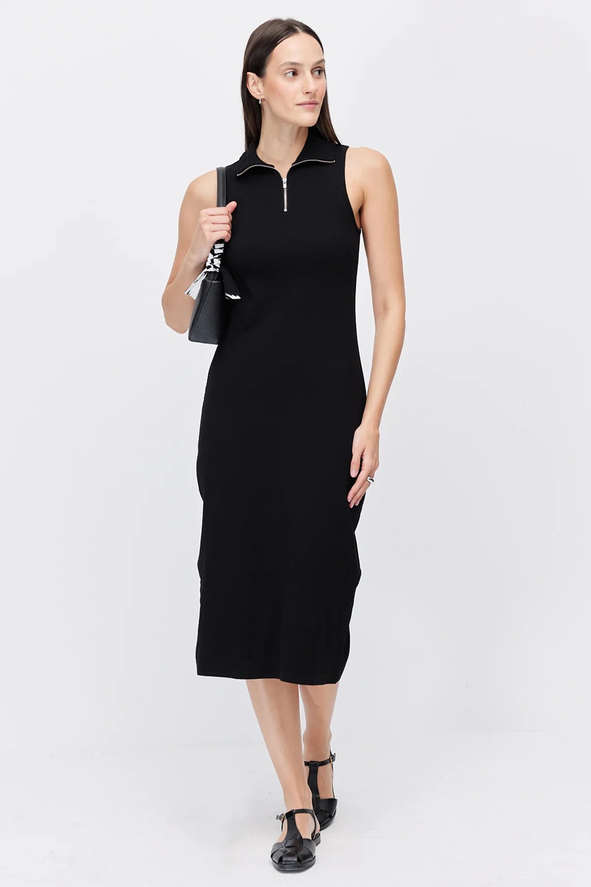 Women's Polo Collar Sleeveless Brown Midi Dress