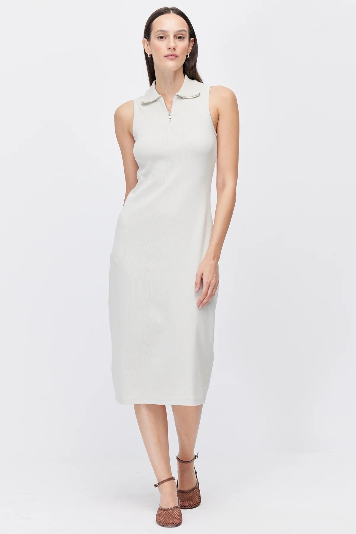 Women's Polo Collar Sleeveless Brown Midi Dress