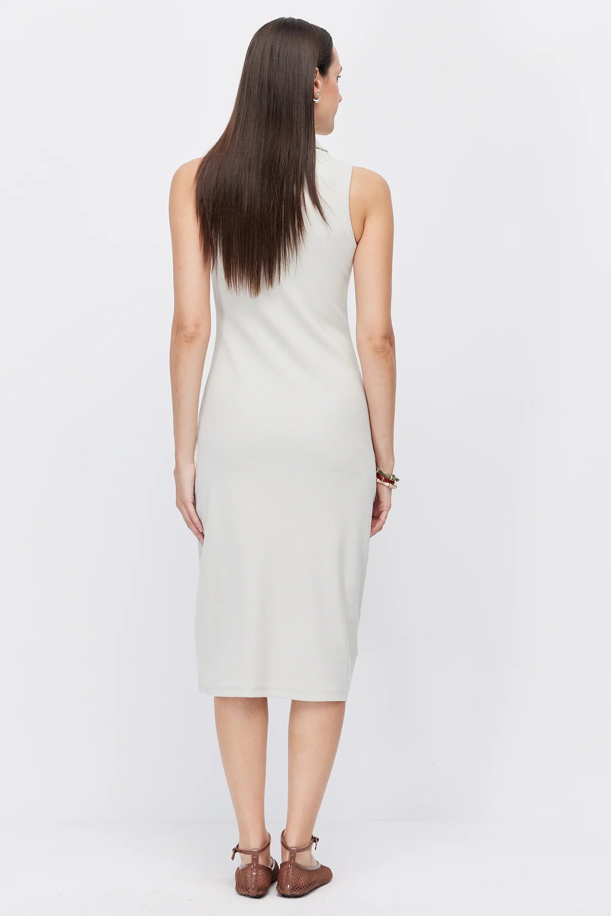 Women's Polo Collar Sleeveless Brown Midi Dress