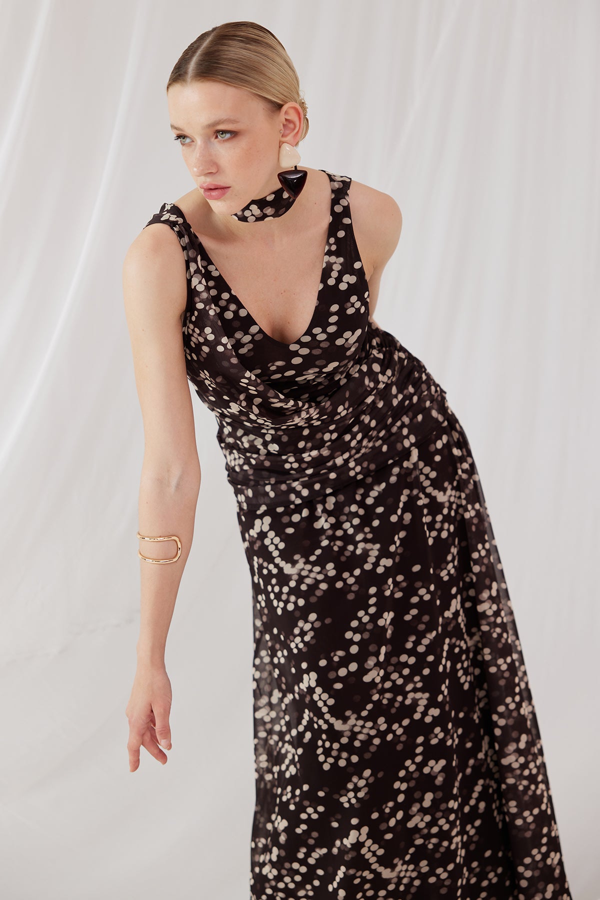 Women's Polka Dot Maxi Dress with Scarf Detail