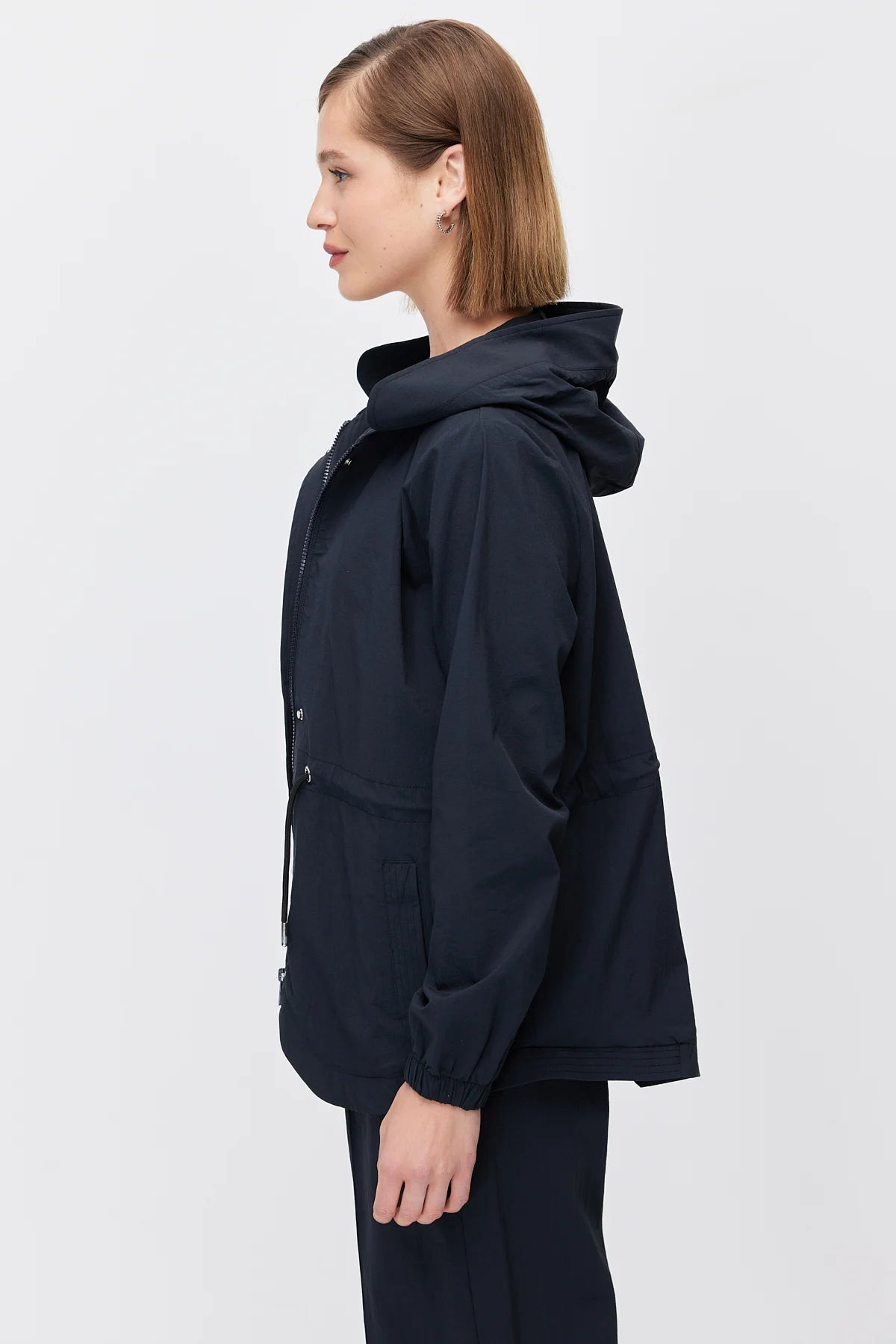 Women's Hooded Windbreaker Jacket with Adjustable Waist