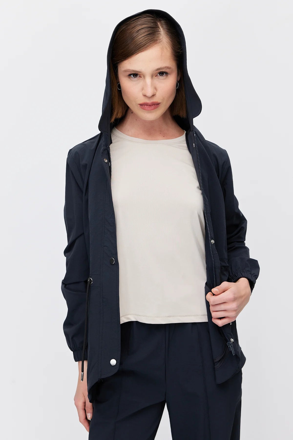 Women's Hooded Windbreaker Jacket with Adjustable Waist
